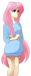 Size: 800x1902 | Tagged: artist:haydee, blue sweater, clothes, colored skin, cyan eyes, derpibooru import, digital art, female, fluttershy, human, human female, humanized, jumper, looking away, pink hair, safe, simple background, solo, standing, sweater, sweatershy, transparent background