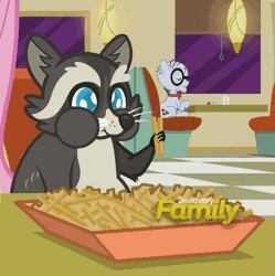 Size: 573x576 | Tagged: animated, cropped, derpibooru import, discovery family logo, food, french fries, hay fries, loop, mr. waddle, raccoon, safe, screencap, smoky jr., the saddle row review