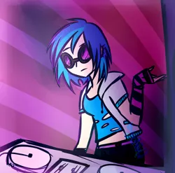 Size: 1024x1013 | Tagged: artist:katedoof, clothes, club pony party palace, derpibooru import, humanized, midriff, safe, scene interpretation, shrug, signature, sunglasses, the saddle row review, turntable, vinyl scratch