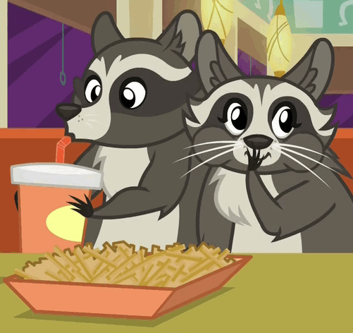 Size: 501x472 | Tagged: animated, derpibooru import, drink, drinking, eating, food, french fries, hay fries, loop, raccoon, safe, screencap, smoky, softpad, the saddle row review