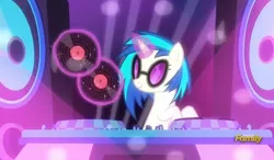 Size: 803x469 | Tagged: safe, derpibooru import, screencap, vinyl scratch, pony, unicorn, the saddle row review, discovery family logo, female, glowing horn, levitation, magic, mare, record, solo, sunglasses, telekinesis