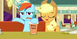 Size: 2130x1093 | Tagged: applejack, brony tears, derpibooru import, discovery family, discovery family logo, drinking, edit, edited screencap, exploitable meme, honey curls, mare e. lynn, meme, rainbow dash, safe, screencap, sipping, straw, the saddle row review