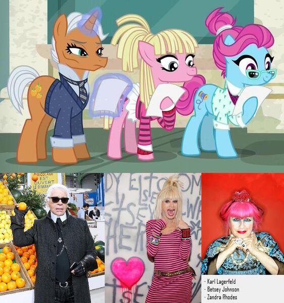 Size: 1058x1130 | Tagged: background pony, betsey johnson, betsey trotson, bleeding heart, blue bobbin, cheekbones, derpibooru import, karl lagerfeld, safe, screencap, starke kragen, the saddle row review, zandra rhodes