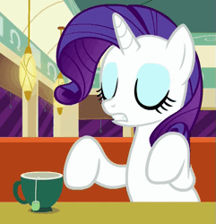 Size: 503x522 | Tagged: air quotes, animated, derpibooru import, eyes closed, fabulous, implying, loop, open mouth, rarity, safe, screencap, solo, talking, teabag, teacup, the saddle row review, underhoof