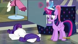 Size: 1920x1080 | Tagged: safe, derpibooru import, screencap, rarity, twilight sparkle, twilight sparkle (alicorn), alicorn, pony, unicorn, the saddle row review, discovery family logo, faceplant, female, image, magic, mannequin, mare, png, telekinesis