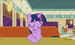 Size: 795x477 | Tagged: safe, derpibooru import, screencap, beaude mane, joan pommelway, twilight sparkle, twilight sparkle (alicorn), alicorn, pony, the saddle row review, background pony, cafe, discovery family logo, eyes closed, female, joan holloway, leaning, mad men, male, mare, open mouth, smiling, stallion