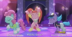 Size: 1204x618 | Tagged: azure velour, derpibooru import, discovery family logo, flashdancer, not pinkie pie, pacific glow, pacifier, safe, screencap, the saddle row review