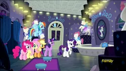 Size: 1920x1080 | Tagged: safe, derpibooru import, screencap, applejack, fluttershy, pinkie pie, rainbow dash, rarity, twilight sparkle, twilight sparkle (alicorn), alicorn, pony, the saddle row review, discovery family logo, female, interior, mane six, mare, rarity for you