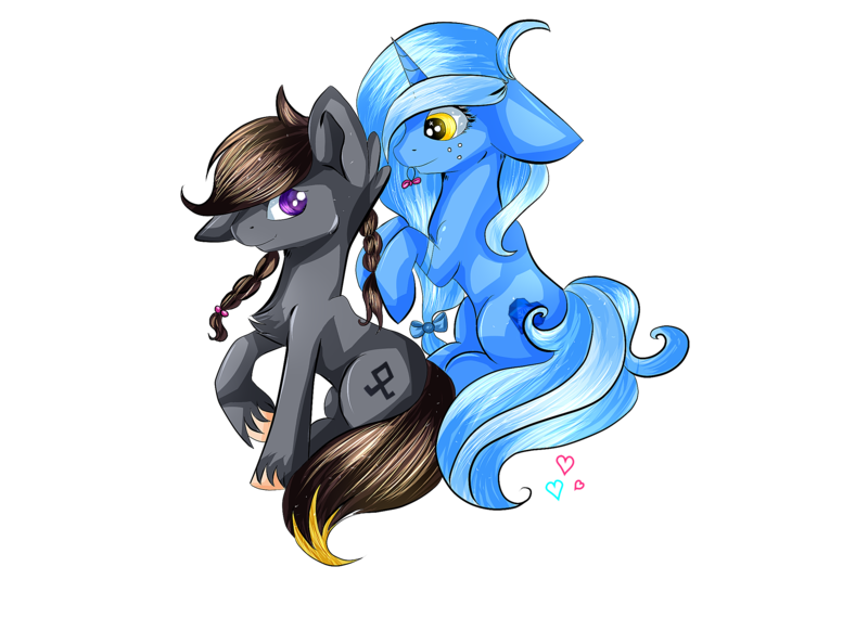 Size: 2338x1700 | Tagged: safe, artist:bizonekx33, derpibooru import, oc, oc:glace, oc:luxor, unofficial characters only, pony, unicorn, braiding, definitely not shipping, simple background, transparent background