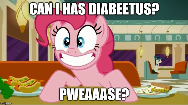 Size: 889x500 | Tagged: carrot, carrot dog, cute, derpibooru import, diapinkes, discovery family logo, edit, edited screencap, food, image macro, lucky breaks, meme, pinkie pie, pizza, safe, screencap, the saddle row review