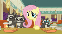 Size: 858x482 | Tagged: animated, derpibooru import, discovery family logo, fluttershy, food, french fries, hay fries, mr. waddle, raccoon, safe, screencap, smoky, smoky jr., softpad, the saddle row review