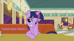 Size: 1280x719 | Tagged: safe, derpibooru import, screencap, beaude mane, joan pommelway, twilight sparkle, twilight sparkle (alicorn), alicorn, earth pony, pony, the saddle row review, background pony, cafe, female, flirt, flirting, male, mare, meme, solo, stallion