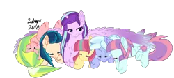 Size: 1324x592 | Tagged: safe, artist:sugarysprinkle-mlp, derpibooru import, indigo zap, lemon zest, sour sweet, starlight glimmer, sugarcoat, sunny flare, ponified, alicorn, pony, equestria girls, alicornified, alternate mane six, alternate universe, ear fluff, equestria girls ponified, eyes closed, hug, looking down, lying down, on back, ponytail, prone, race swap, shadow five, simple background, sleeping, smiling, starlicorn, transparent background, unshorn fetlocks, wing blanket, winghug, xk-class end-of-the-world scenario