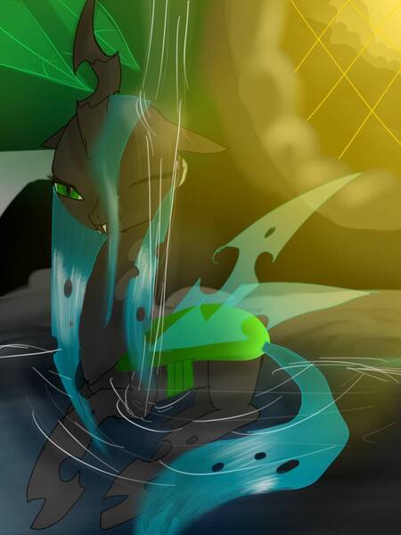 Size: 960x1280 | Tagged: artist:nuttypanutdy, bath, bathing, changeling, changeling queen, derpibooru import, female, queen chrysalis, safe, solo, water