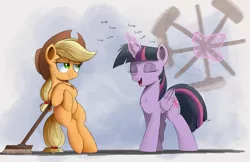 Size: 2000x1298 | Tagged: dead source, safe, artist:ncmares, derpibooru import, applejack, twilight sparkle, twilight sparkle (alicorn), alicorn, pony, the saddle row review, bipedal, broom, eyes closed, female, fluffy, levitation, magic, mare, open mouth, smiling, sweeping, sweepsweepsweep, telekinesis, that was fast, twilight sweeple, twirl