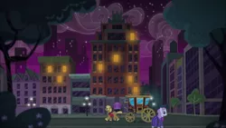 Size: 1920x1080 | Tagged: safe, derpibooru import, screencap, unnamed pony, viola (character), earth pony, pony, made in manehattan, architecture, background pony, bronclyn, building, carriage, clothes, coach, coco's apartment, coco's apartment building, dress, evening, female, lights, male, manehattan, mare, night, stallion, unshorn fetlocks