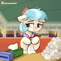 Size: 750x750 | Tagged: safe, artist:lumineko, derpibooru import, coco pommel, pony, the saddle row review, cocobetes, cute, female, floppy ears, frown, hoof hold, mare, messy mane, patreon, patreon logo, photoshop, sad, scene interpretation, sick, sniffing, sniffling, solo, tissue, tissue box