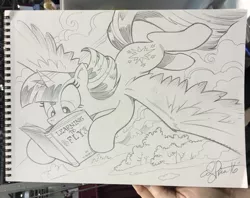 Size: 600x475 | Tagged: safe, artist:andypriceart, derpibooru import, twilight sparkle, twilight sparkle (alicorn), alicorn, pony, book, commission, female, flying, learning to fly, mare, monochrome, reading, solo, song reference, this will end in pain, this will end in tears, tom petty & the heartbreakers, traditional art