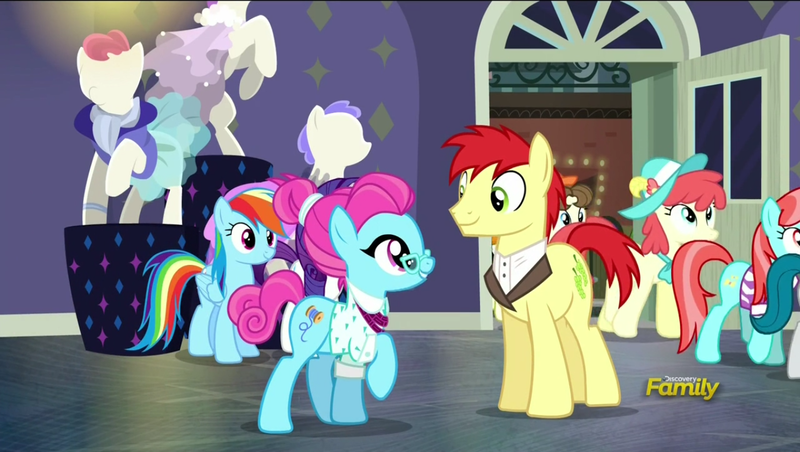 Size: 1360x768 | Tagged: safe, derpibooru import, screencap, blue bobbin, crimson cream, don neigh, fashion statement, mare e. belle, pegasus olsen, peggy holstein, rainbow dash, rarity, strawberry ice, upper east side, earth pony, pegasus, pony, the saddle row review, background pony, discovery family logo, female, male, mannequin, mare, stallion