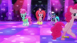 Size: 500x281 | Tagged: safe, derpibooru import, screencap, azure velour, flashdancer, pacific glow, pinkie pie, earth pony, pony, the saddle row review, animated, bipedal, club pony party palace, dancing, discovery family logo, female, mare, moonwalk, not pinkie pie, sheepish grin, smiling, walking backwards