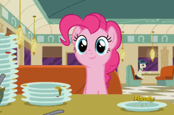 Size: 800x531 | Tagged: safe, derpibooru import, screencap, lucky breaks, pinkie pie, pony, the saddle row review, animated, bill, cute, diapinkes, diner, discovery family logo, embarrassed, faic, floppy ears, frown, grin, gritted teeth, hooves together, looking at you, plate, restaurant, smiling, squee, sticker shock, talking, waitress, wide eyes