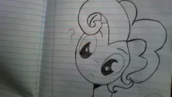 Size: 1024x576 | Tagged: artist:macroscopicponies, bubble berry, derpibooru import, lined paper, pinkie pie, question mark, rule 63, safe, solo, traditional art