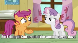 Size: 960x539 | Tagged: creationism, derpibooru import, impact font, religion, safe, scootaloo, scootaloo is wrong about everything, screencap, sweetie belle