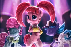 Size: 1920x1280 | Tagged: safe, artist:assasinmonkey, derpibooru import, azure velour, flashdancer, pacific glow, pony, the saddle row review, belly button, bipedal, clothes, club pony party palace, crew, cute, dance floor, dancing, eyes closed, group, hat, pacifier, raised hoof, rave, scene interpretation, twintails, wide hips