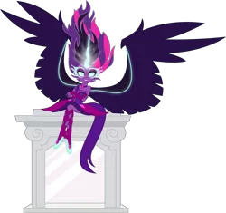 Size: 5541x5212 | Tagged: safe, artist:osipush, derpibooru import, sci-twi, twilight sparkle, equestria girls, friendship games, absurd resolution, clothes, crossed arms, crossed legs, fingerless gloves, gloves, glowing eyes, inkscape, looking at you, midnight sparkle, necklace, pedestal, pendant, sitting, solo, spread wings, upskirt denied, wings