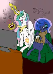 Size: 1024x1434 | Tagged: artist:delirious-artist, cake, cakelestia, clothes, controller, couch, derpibooru import, food, gamer luna, headset, hoodie, portal, portal (valve), princess celestia, princess luna, royal sisters, safe, television, the cake is a lie, two best sisters play