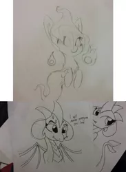 Size: 1280x1750 | Tagged: safe, artist:tjpones, derpibooru import, princess ember, oc, oc:boo, dragon, ghost, ghost pony, black and white, grayscale, lineart, monochrome, sketch, traditional art