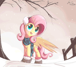 Size: 1600x1429 | Tagged: safe, artist:bugplayer, derpibooru import, fluttershy, alicorn, pony, animated, boots, bugplayer is trying to murder us, clothes, cute, earmuffs, female, fence, gif, mare, scarf, shyabetes, snow, snowfall, solo, tree