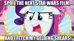 Size: 575x323 | Tagged: angry, caption, carousel boutique, derpibooru import, edit, edited screencap, floppy ears, gelding, image macro, implied castration, meme, newspaper, no spoilers, obligatory pony, rarity, safe, screencap, star wars, the saddle row review, threat, warning