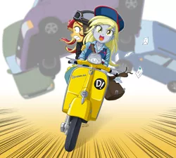 Size: 1200x1080 | Tagged: safe, artist:uotapo, derpibooru import, derpy hooves, sunset shimmer, equestria girls, bag, car, clothes, colored pupils, female, flcl, hat, mailbag, messenger bag, moped, motorcycle, open mouth, scooter, sunset helper, this will end in tears and/or death, vespa