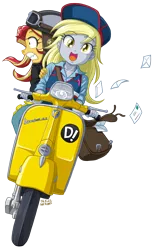 Size: 1030x1670 | Tagged: safe, artist:uotapo, derpibooru import, derpy hooves, sunset shimmer, equestria girls, colored pupils, flcl, motorcycle, scooter, simple background, sunset helper, transparent background, vespa