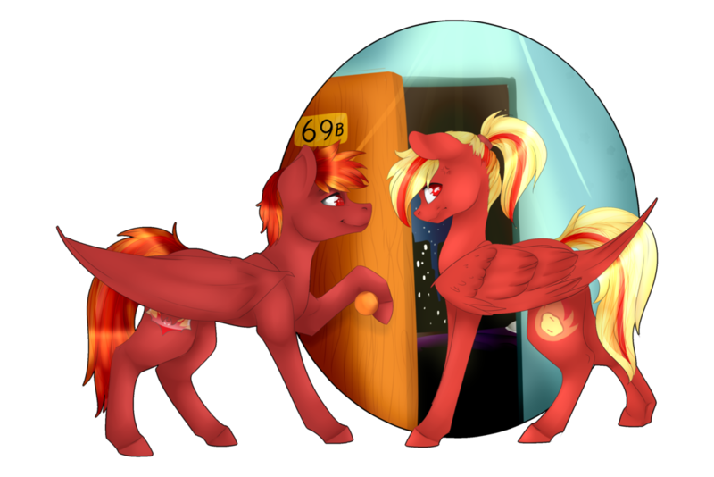 Size: 1024x683 | Tagged: safe, artist:doodle-28, derpibooru import, oc, oc:blaze emberbreath, oc:firelight, unofficial characters only, bat pony, pegasus, pony, brother and sister, door