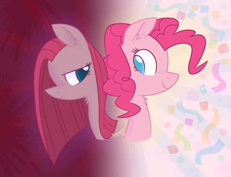 Size: 1280x985 | Tagged: safe, artist:flourret, derpibooru import, pinkie pie, earth pony, pony, abstract background, bust, confetti, duality, ear fluff, female, frown, happy, looking at each other, mare, neck fluff, pinkamena diane pie, portrait, signature, smiling