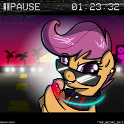 Size: 1600x1600 | Tagged: dead source, safe, artist:rainihorn, derpibooru import, scootaloo, pony, bust, cassette tape, cigarette, collar, dusk, ear piercing, error, glitch, hotline miami, looking at you, neon, palm tree, pause, piercing, scan lines, smoking, solo, static, sunglasses, timestamp, vhs