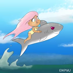 Size: 1000x1000 | Tagged: 30 minute art challenge, artist:empyu, clothes, derpibooru import, fluttershy, human, humanized, humans riding sharks, one-piece swimsuit, red eyes, riding, safe, shark, solo, swimsuit