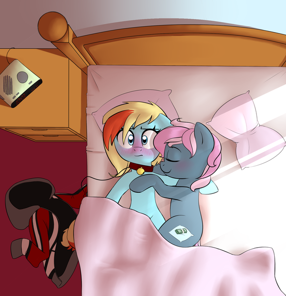 Size: 1640x1698 | Tagged: suggestive, artist:victoreach, derpibooru import, oc, oc:honey wound, oc:juicy dream, unofficial characters only, bed, blushing, clothes, collar, cute, embarrassed, female, hoodie, lesbian, morning ponies, oc x oc, shipping