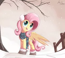 Size: 1935x1728 | Tagged: safe, artist:bugplayer, derpibooru import, edit, fluttershy, pegasus, pony, boots, bugplayer is trying to murder us, clothes, cute, earmuffs, female, fence, mare, open mouth, scarf, shyabetes, snow, snowfall, solo, sweet dreams fuel, tree