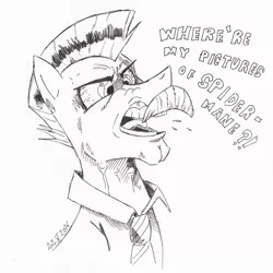 Size: 887x888 | Tagged: safe, artist:saturdaymorningproj, derpibooru import, buried lede, earth pony, pony, the saddle row review, bust, dialogue, grayscale, j. jonah jameson, male, monochrome, open mouth, simple background, solo, spider-man, stallion, traditional art, white background