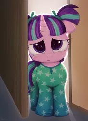 Size: 1008x1387 | Tagged: safe, artist:an-tonio, artist:transgressors-reworks, color edit, derpibooru import, edit, starlight glimmer, pony, unicorn, clothes, colored, cute, female, filly, footed sleeper, glimmerbetes, moe, pajamas, pigtails, sad, solo, traditional art, younger