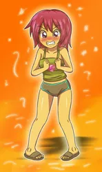 Size: 1024x1727 | Tagged: safe, artist:sumin6301, derpibooru import, scootaloo, equestria girls, alternate hairstyle, angry, bike shorts, blushing, camisole, camisole tubetop, clothes, cutie mark, feet, midriff, sandals, scootaloo is not amused, solo, tanktop, the cmc's cutie marks