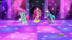 Size: 500x281 | Tagged: safe, derpibooru import, edit, edited screencap, screencap, azure velour, flashdancer, pacific glow, pinkie pie, earth pony, pony, the saddle row review, animated, bipedal, clothes, club pony party palace, discovery family logo, female, mare, reversed, sheepish grin