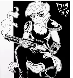 Size: 960x1024 | Tagged: anthro, artist:karakylia, black and white, dead source, derpibooru import, fallout equestria, fanfic, fanfic art, female, grayscale, gun, horn, m870, monochrome, oc, oc:littlepip, pipbuck, safe, shotgun, smiling, smoking, smoking gun, solo, text, unofficial characters only, weapon