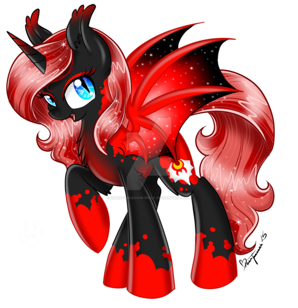 Size: 1024x1058 | Tagged: safe, artist:silent-shadow-wolf, derpibooru import, oc, oc:princess bloodbourne, unofficial characters only, alicorn, bat pony, bat pony alicorn, pony, alicorn oc, april fools, bat wings, donut steel, ethereal mane, joke oc, red and black oc, simple background, slit eyes, transparent background, watermark