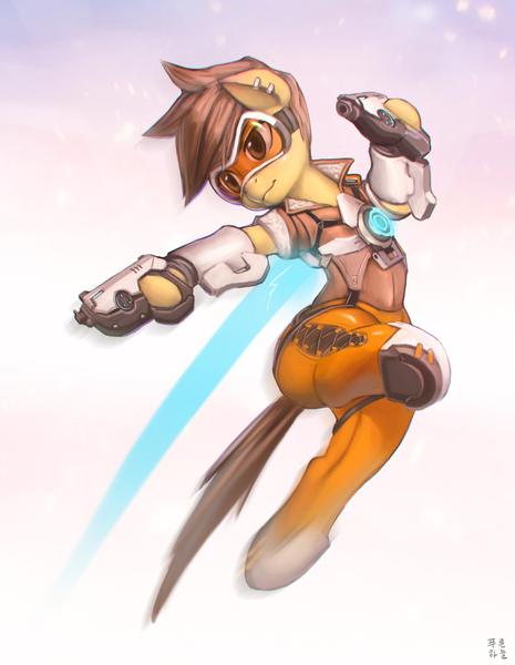 Size: 2021x2605 | Tagged: safe, artist:mrs1989, derpibooru import, ponified, pony, clothes, crossover, gun, overwatch, solo, tracer, weapon