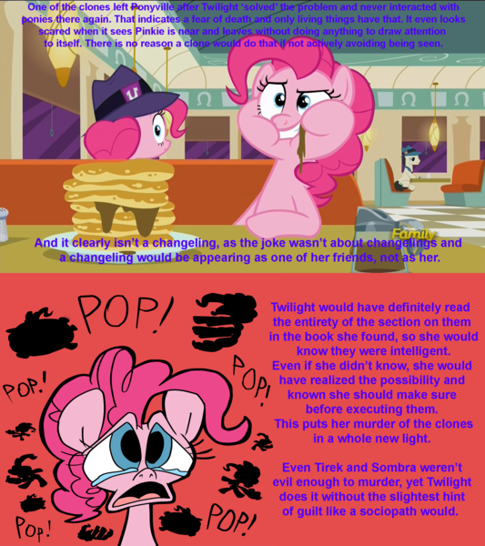 Size: 1920x2160 | Tagged: safe, artist:headless rainbow, artist:joeywaggoner, derpibooru import, edit, screencap, pinkie pie, earth pony, pony, the clone that got away, the saddle row review, too many pinkie pies, callback, clashing text color, clone, death, diane, discovery family logo, eating, faic, fedora, food, fridge horror, frown, grin, hat, headcanon, implied mirror pool, interview, looking at you, looking back, massacre, messy eating, mirror pool, murder, nightmare fuel, overthinking it, pancakes, pinkie clone, pinkie clone debate, puffy cheeks, raised eyebrow, restaurant, self ponidox, smirk, table, text, wall of text, wide eyes