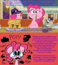 Size: 1920x2160 | Tagged: safe, artist:headless rainbow, artist:joeywaggoner, derpibooru import, edit, screencap, pinkie pie, earth pony, pony, the clone that got away, the saddle row review, too many pinkie pies, callback, clashing text color, clone, death, diane, discovery family logo, eating, faic, fedora, food, fridge horror, frown, grin, hat, headcanon, implied mirror pool, interview, looking at you, looking back, massacre, messy eating, mirror pool, murder, nightmare fuel, overthinking it, pancakes, pinkie clone, pinkie clone debate, puffy cheeks, raised eyebrow, restaurant, self ponidox, smirk, table, text, wall of text, wide eyes